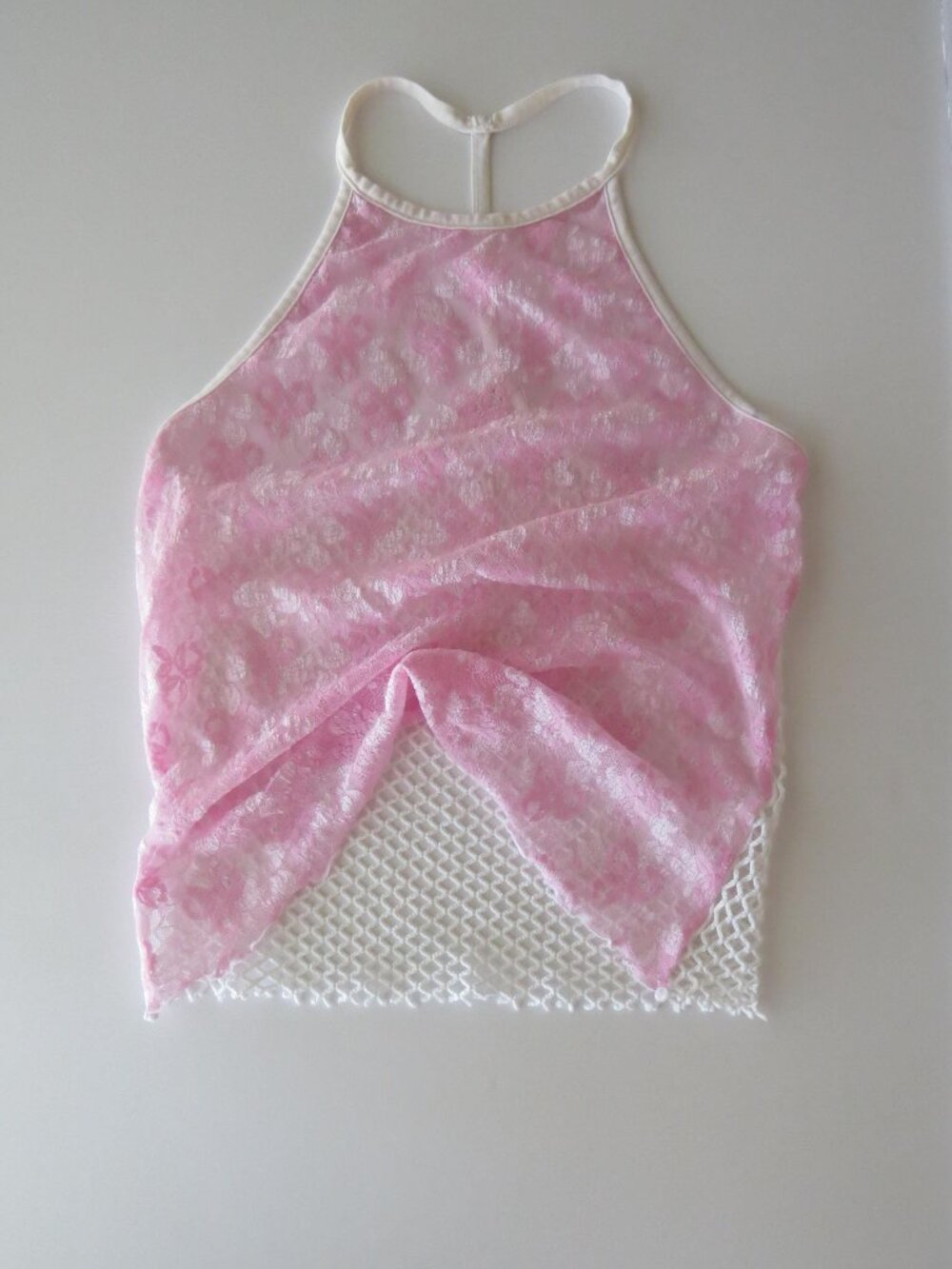 Vintage Italian 2000s Pastel Baby Pink Lace & Fishnet Halter Top, 2000s Intimiss